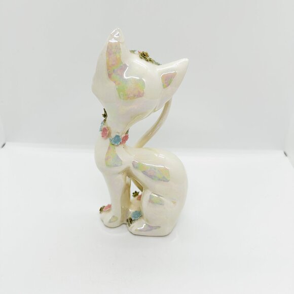 Vintage Lefton Luster Iridescent Cat Floral Flower Crown Pastel Rhinestone *FLAW - Picture 4 of 8